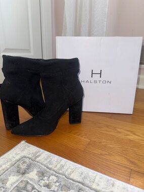 Halston Heritage Black Knit Pointed Sock Ankle Boots with Block Heel